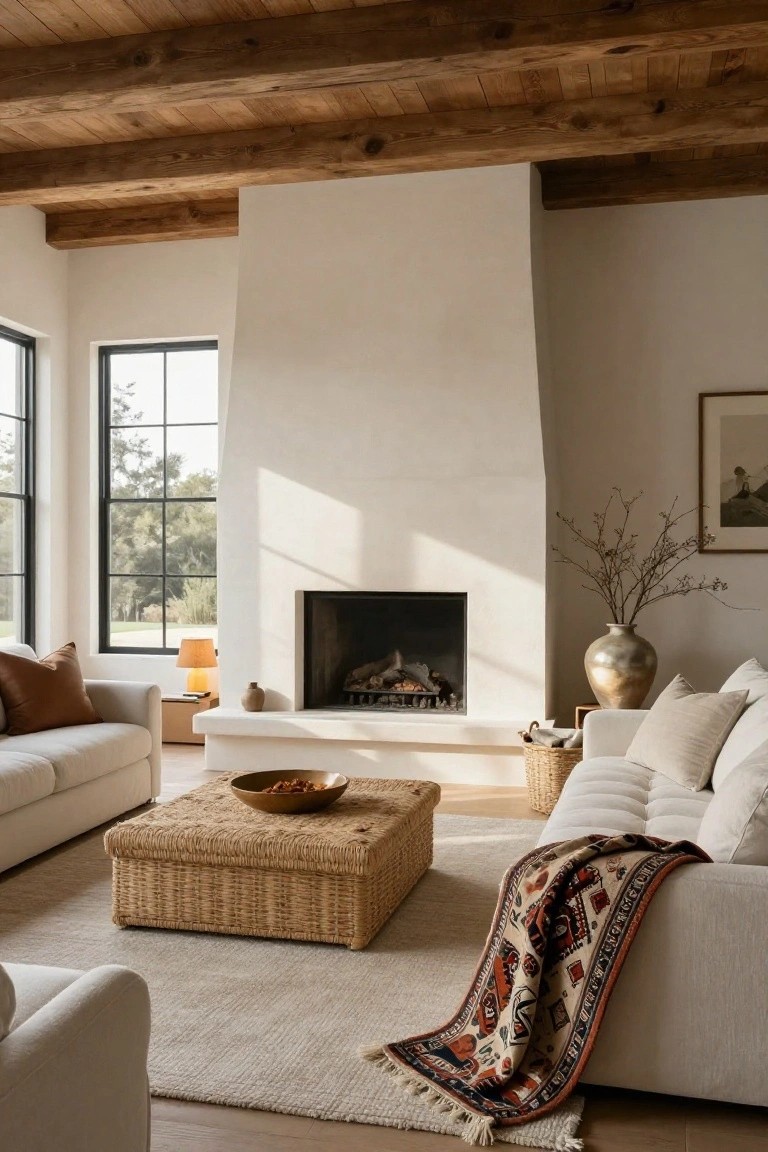 Modern farmhouse living room with exposed wooden ceiling beams, tall white plaster fireplace with gas logs burning, large black-framed windows overlooking trees, cream sectional sofa with pillows and throw, woven rattan ottoman with bowl, neutral rug on wood floor, and potted plants.