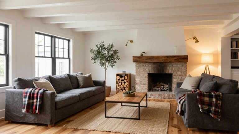 Modern farmhouse living room with exposed wooden ceiling beams, white walls, large black-framed windows, beige L-shaped sofa, brick fireplace, firewood rack, wooden coffee table, potted olive tree, and patterned rug on wood floors.
