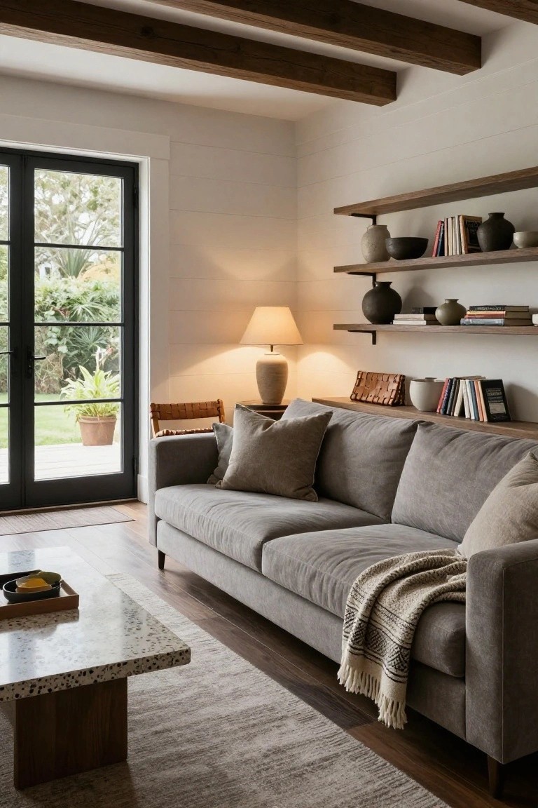 A living room featuring a light gray sofa with pillows and throw, wooden floating shelves above it displaying books and pottery, a lamp on a side table, terrazzo coffee table, and black-framed doors opening to a garden view.