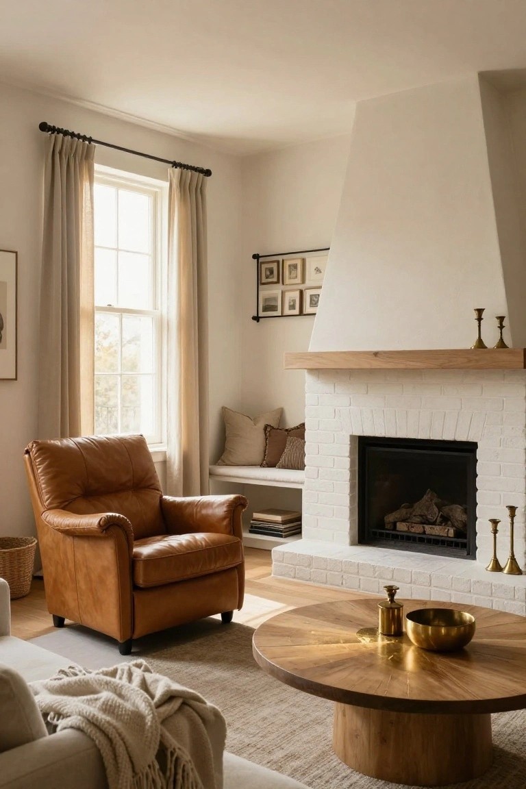 Living room with tan leather armchair near white brick fireplace with oak mantel, round wood coffee table with brass accessories, beige sofa, built-in bench, and linen-draped window.