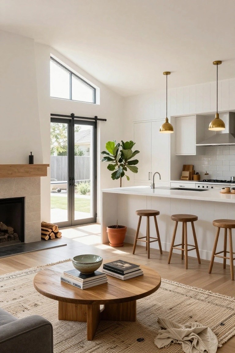 Open-plan living room and kitchen interior with round wooden coffee table on woven rug, gray sofa corner, wood fireplace, white island bar with four wooden stools, gold pendant lights, and black sliding doors to backyard.