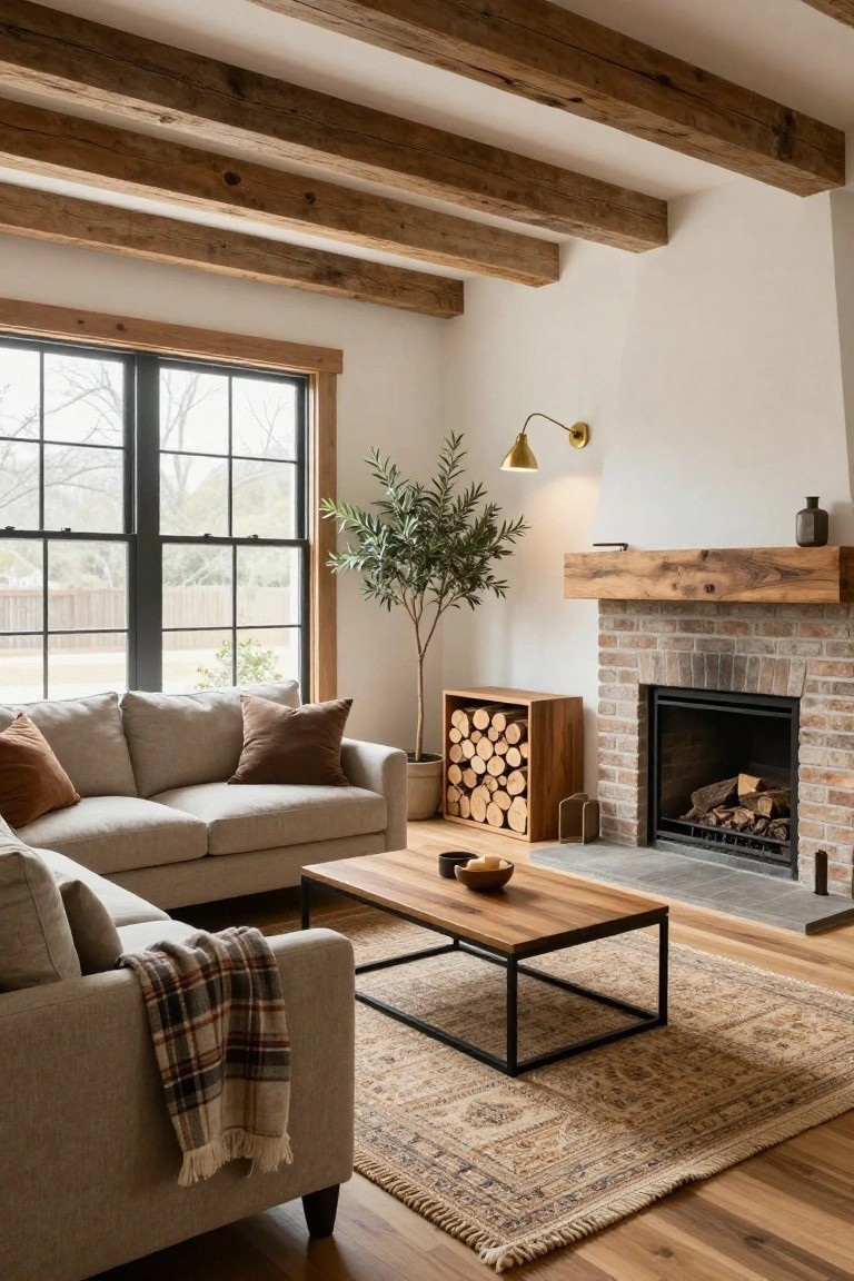 Modern farmhouse living room with exposed wooden ceiling beams, white walls, large black-framed windows, beige L-shaped sofa, brick fireplace, firewood rack, wooden coffee table, potted olive tree, and patterned rug on wood floors.