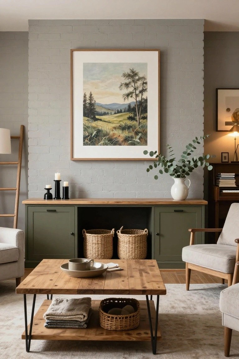 Living room with sage green wood cabinets flanking a dark fireplace niche filled with woven baskets, rustic hairpin-leg coffee table holding dishes and linens, neutral fabric chairs and sofa, candles on cabinet top, and large framed landscape painting on gray brick wall.