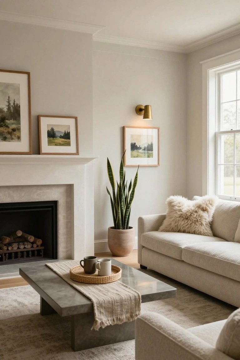 Living room corner with white stone fireplace, tall snake plant in terracotta pot beside it, cream fabric sofa with fluffy pillows, low concrete coffee table holding woven tray with two mugs, neutral rug, and framed landscape artwork on pale walls next to a large window.