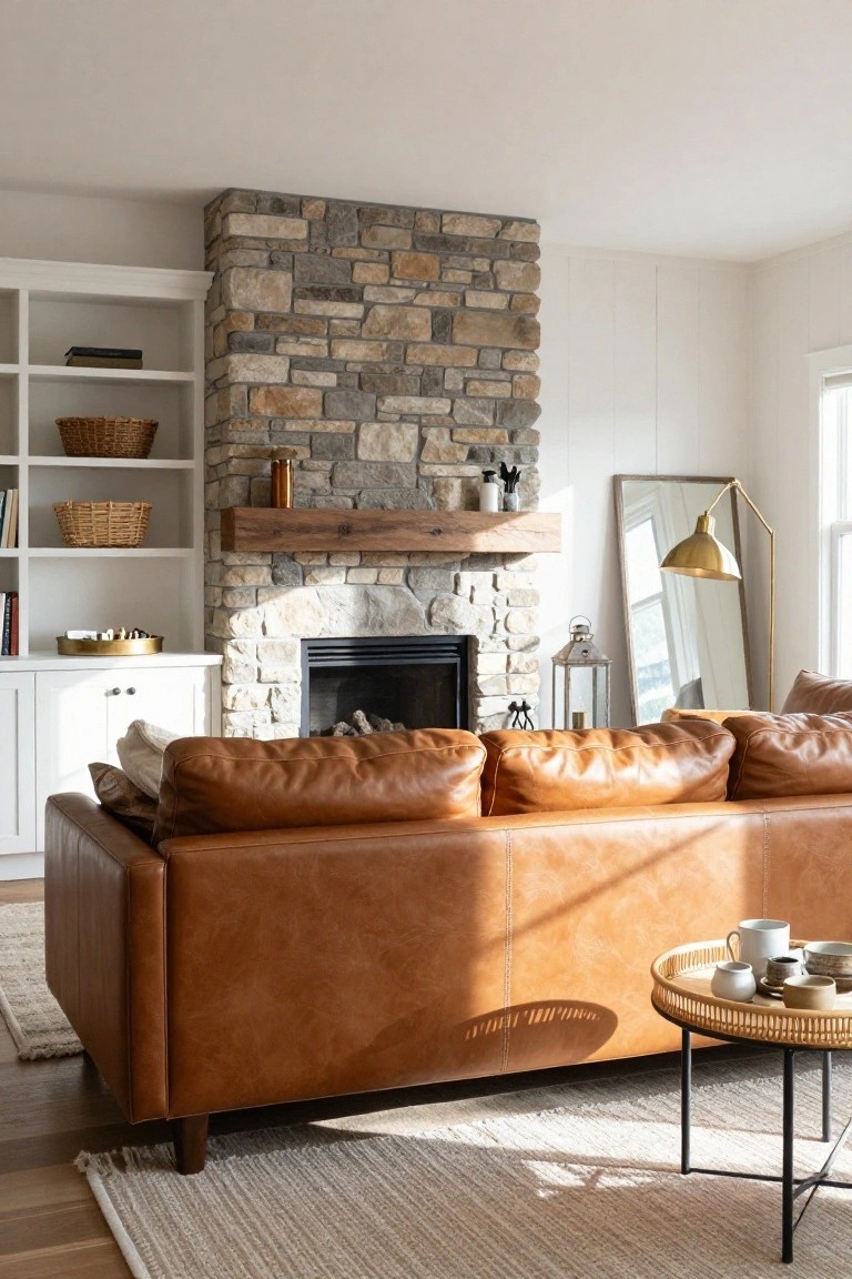 Living room with stacked stone gas fireplace, wooden mantel, white built-in cabinets with books and baskets, tan leather L-shaped sofa, rattan tray table with ceramics, gold lamp, and mirror near window.