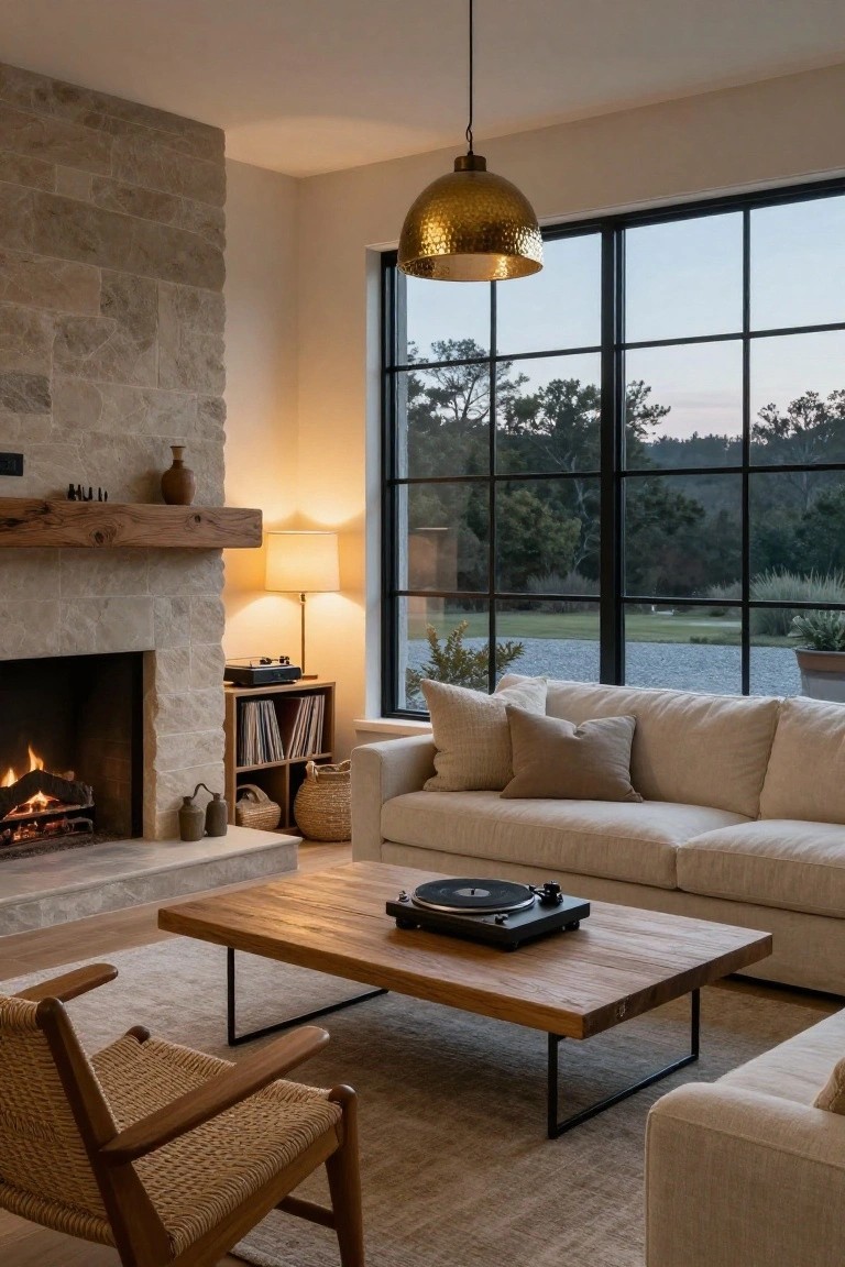 Modern farmhouse living room with light stone fireplace wall, wooden mantel, beige sofa, wooden coffee table holding a turntable, rattan armchair, woven baskets, and large black-framed windows showing trees and landscape at dusk.