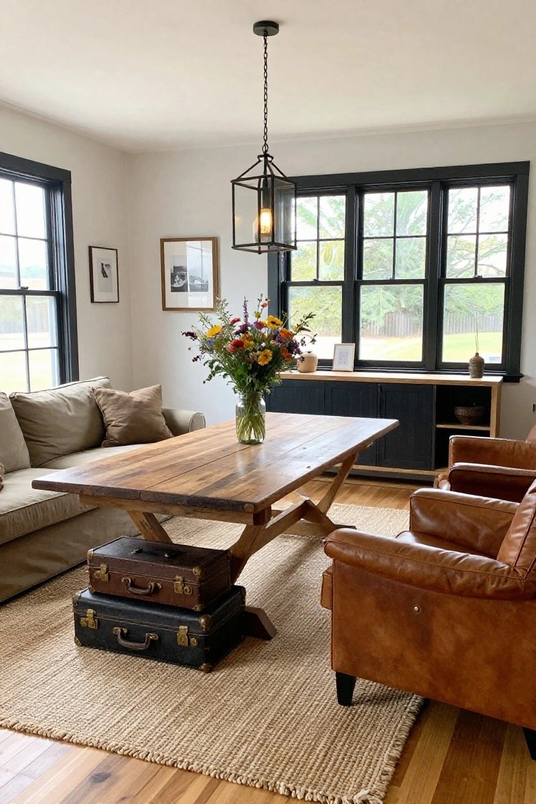 Modern farmhouse living room with a large wooden trestle table at center, beige slipcovered sofa, two brown leather armchairs, black cabinets under triple windows with black frames, vase of wildflowers on table, and stacked vintage suitcases under table on jute rug.