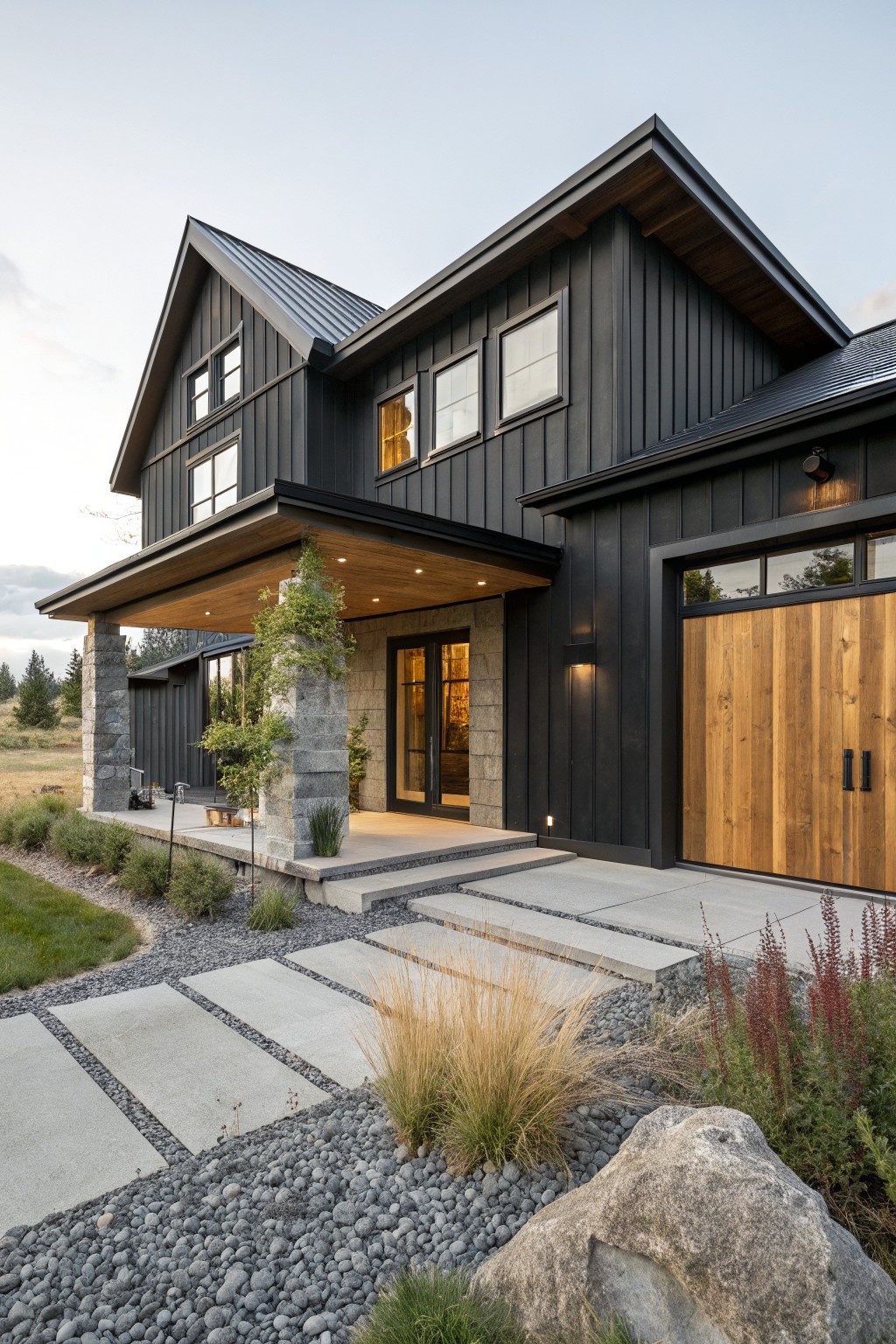 Two-story modern farmhouse exterior featuring black board-and-batten siding, standing-seam metal roof, attached garage with vertical wood door, covered front porch with stone pillars, concrete entry steps, and gravel landscaping with grasses and boulders.