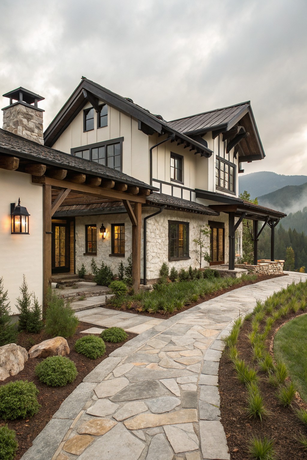 Two-story mountain home exterior featuring white siding with black timber framing, metal roof, stone chimney, covered wooden porch, flagstone path, low plants, rocks, and forested hills in the background.