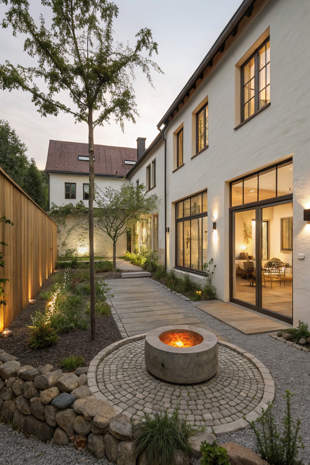 Modern white house with large windows and doors overlooking a courtyard with a central circular concrete fire pit in stone paving, a stone path, low plants, trees, rock walls, and a wooden fence at dusk.