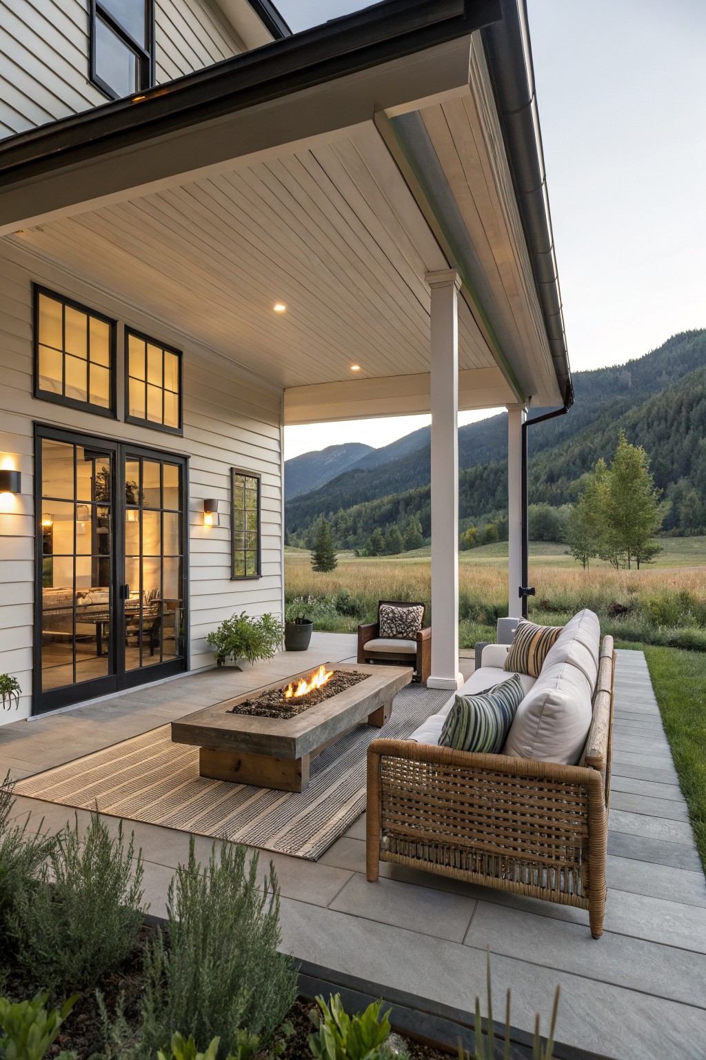 White modern farmhouse with covered porch, black-framed doors and windows, outdoor sofa and chair around rectangular wood-look gas fire table on gray paver patio, plants and mountain valley view in background.