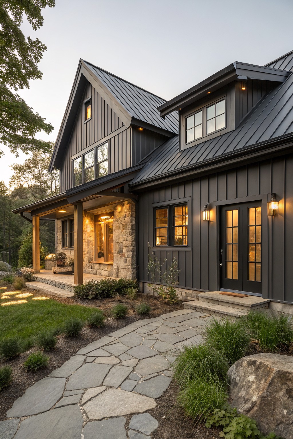 Two-story house exterior with dark vertical board-and-batten siding, dark standing seam metal roof, covered porch on stone base, double glass doors, flanked by trees, grass, shrubs, and a flagstone path.