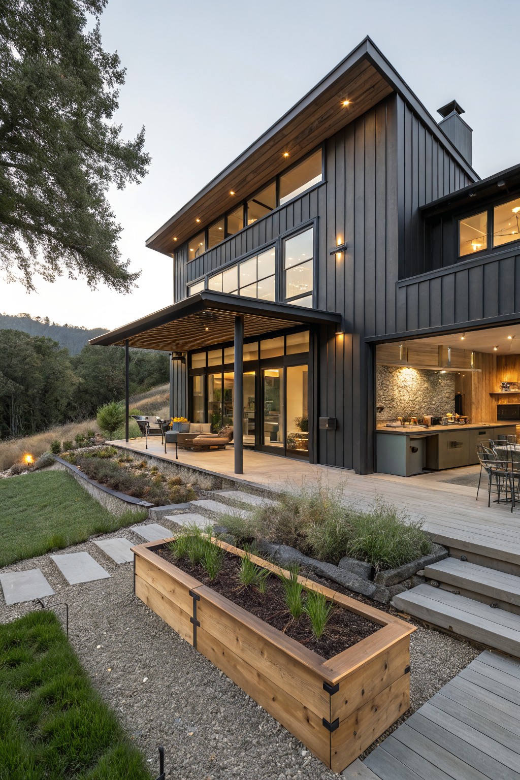 Rear and side view of a two-story modern house with dark vertical siding, large glass walls and doors, wooden deck with furniture, covered porch, steps, raised planters, and surrounding hillside landscaping with trees and grasses.