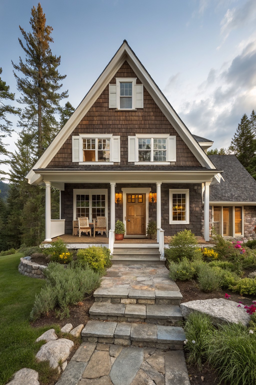 Two-story shingle-clad mountain home with gabled roof, white trim, covered front porch with columns and chairs, and irregular flagstone steps leading from landscaped yard with shrubs, rocks, and pine trees.