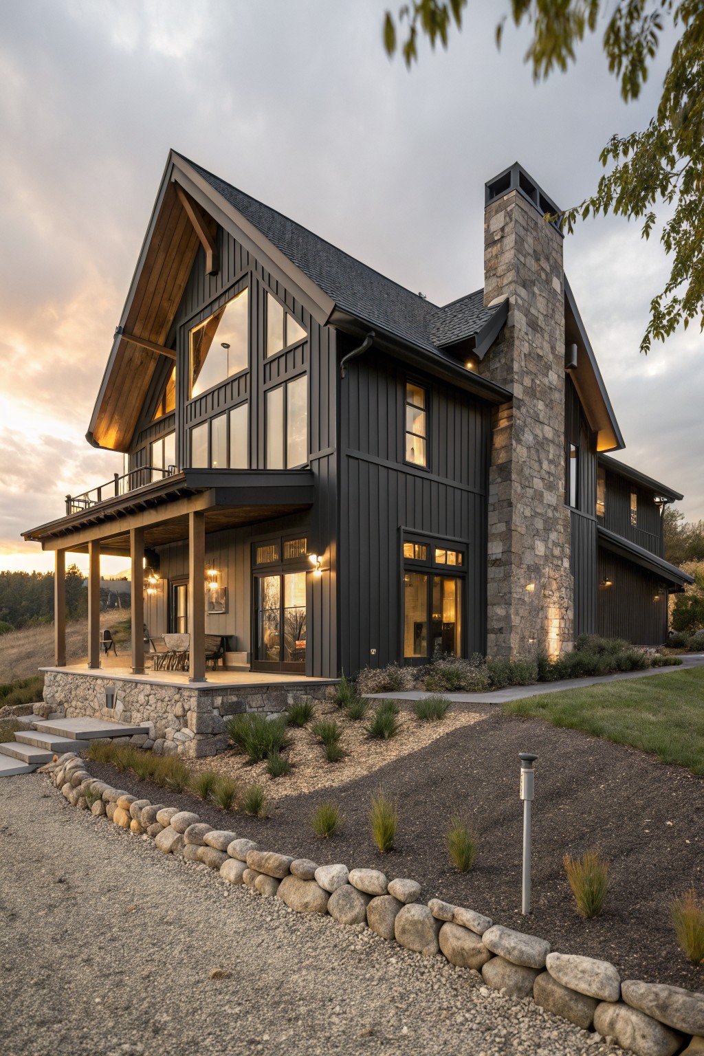 Two-story modern farmhouse exterior with dark vertical siding, tall multi-story stone chimney, wooden porch with beams, large windows, stone foundation, landscaping beds, and gravel driveway.