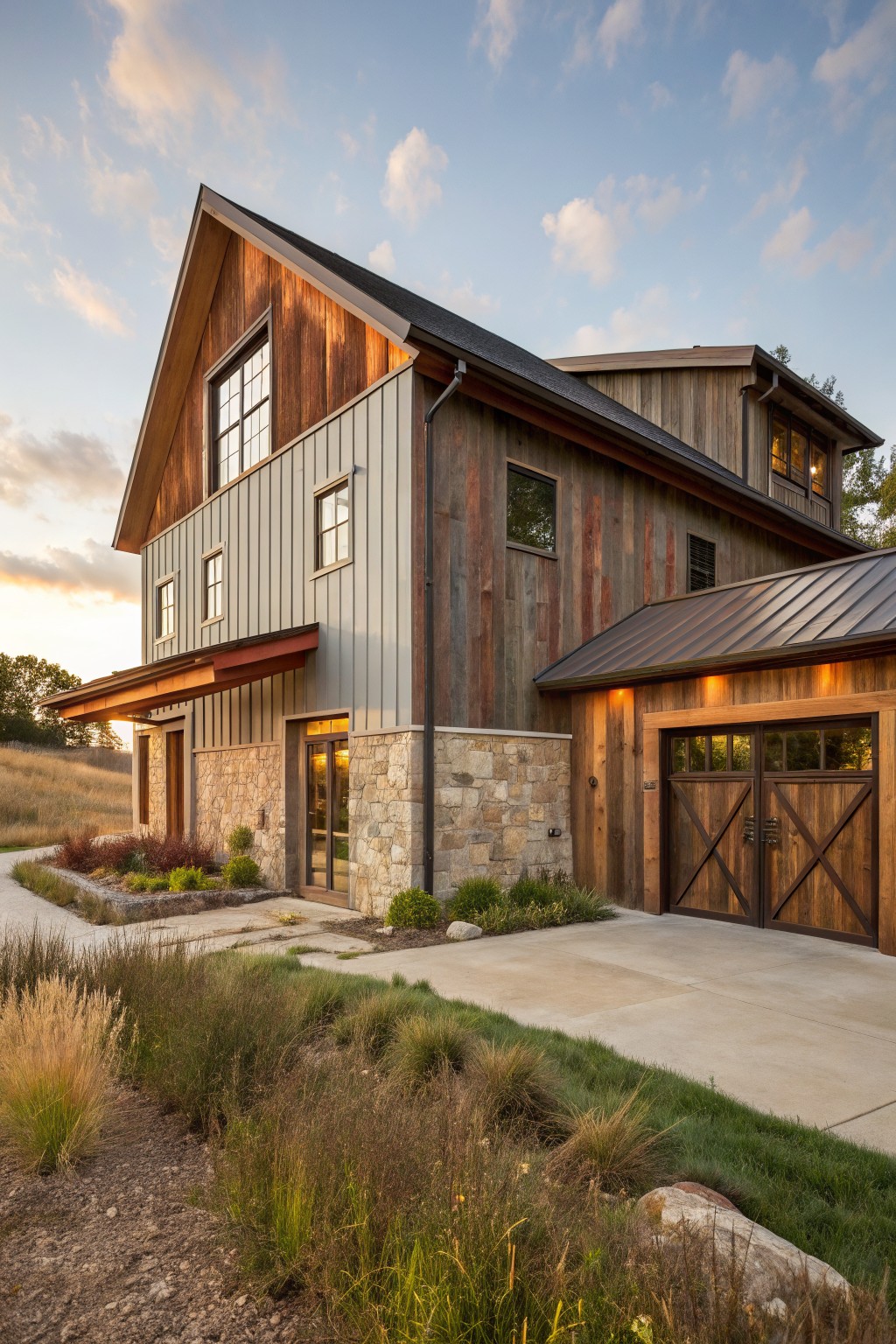 Modern farmhouse-style mountain home exterior with gray vertical metal siding on the main facade, reddish-brown horizontal wood cladding on the upper sections and garage, stone base, wooden double garage doors, metal roof, and native grasses in the foreground at sunset.