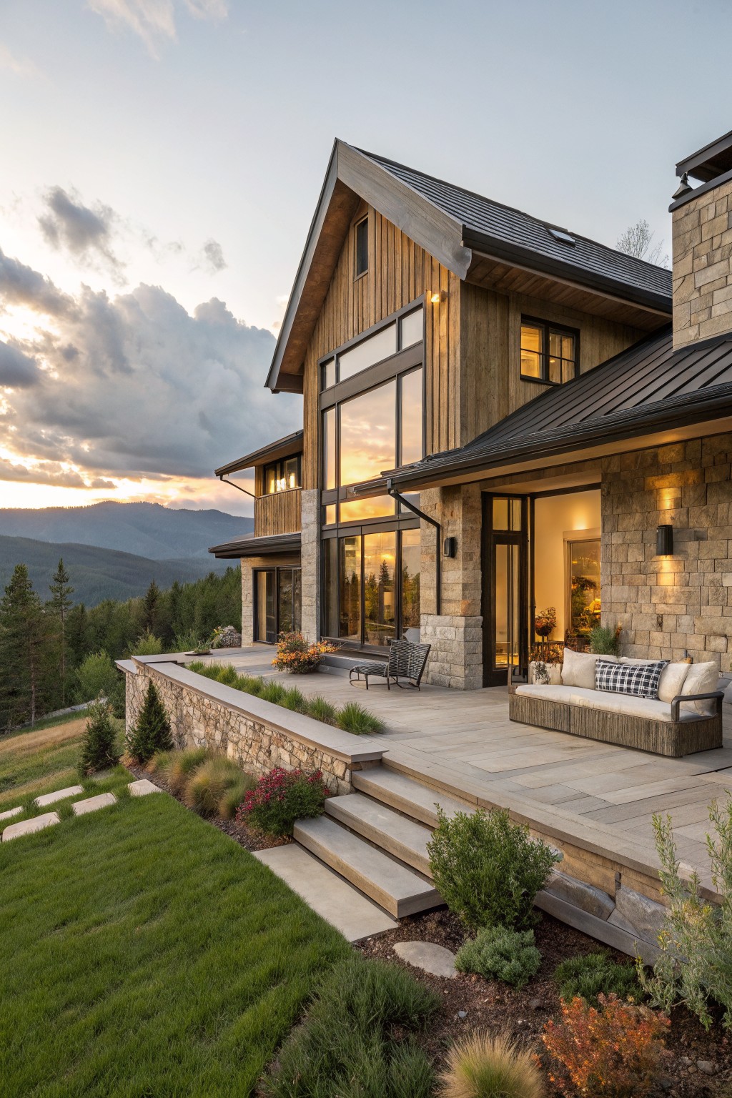 Side exterior view of a modern mountain home with vertical wood siding on upper levels, stone base and retaining walls, large glass walls and doors opening to a deck with lounge seating, plants along the edges, and forested mountains in the background at dusk.