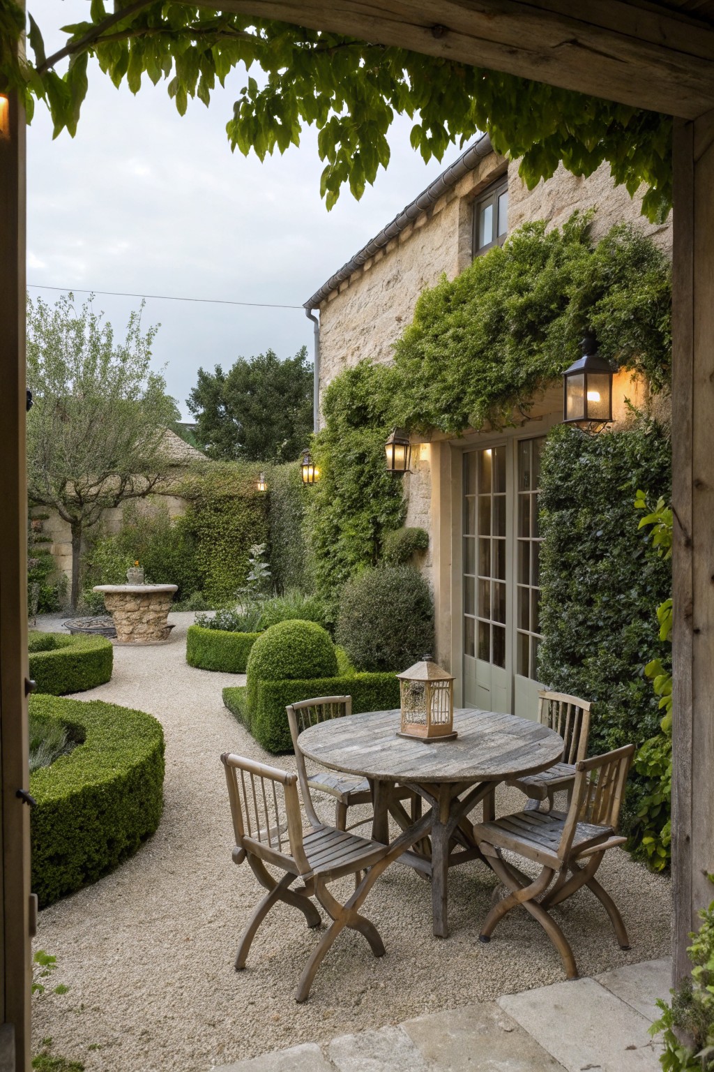 Gravel patio courtyard framed by arched wooden doorway, featuring low boxwood hedges, round stone fountain, rustic wooden dining table with chairs, and stone walls covered in climbing plants.