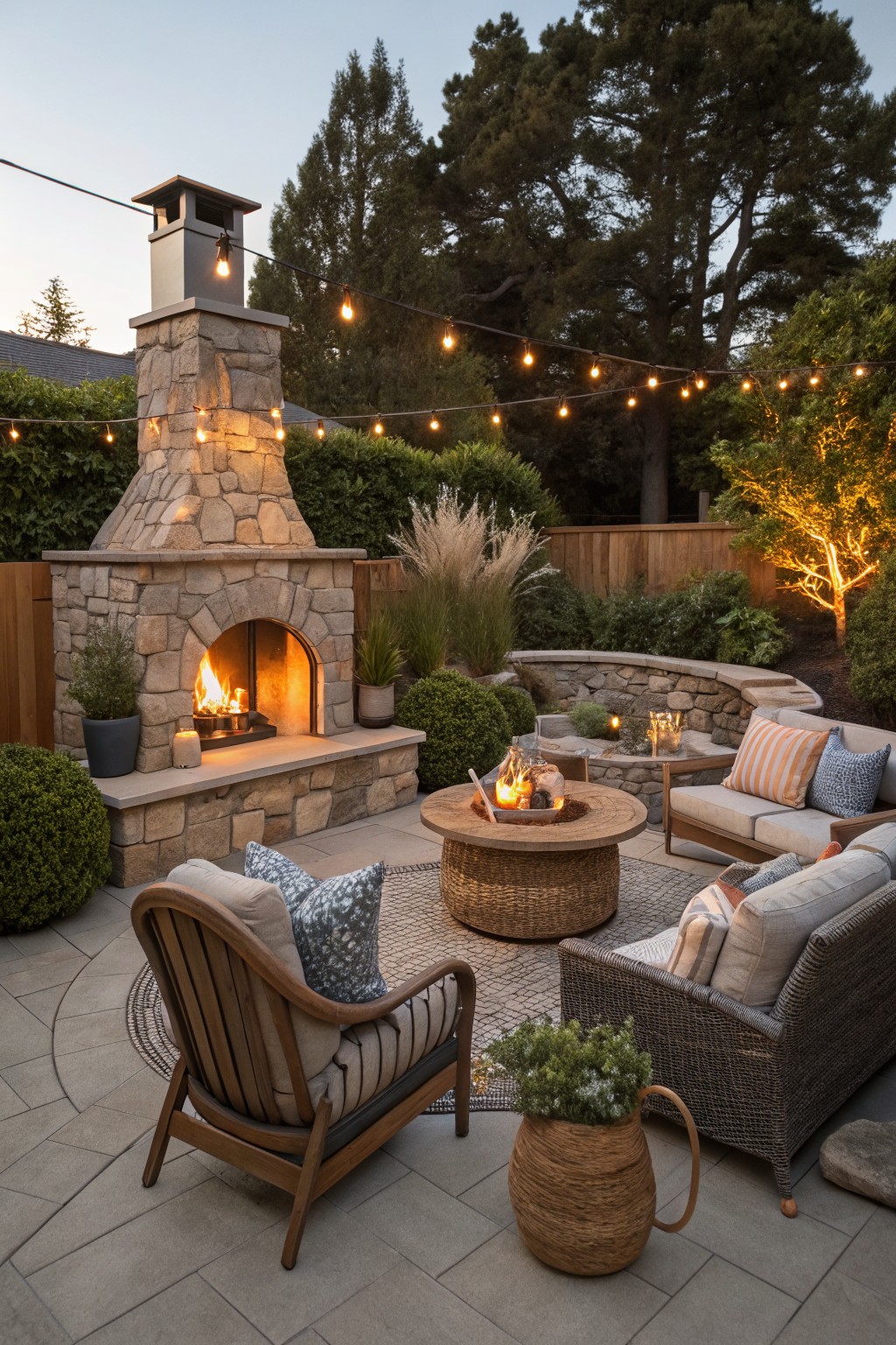 Outdoor patio at dusk with a lit stone fireplace, wicker lounge chairs and sofa around a round table, string lights overhead, potted plants, and a wooden fence backdrop.
