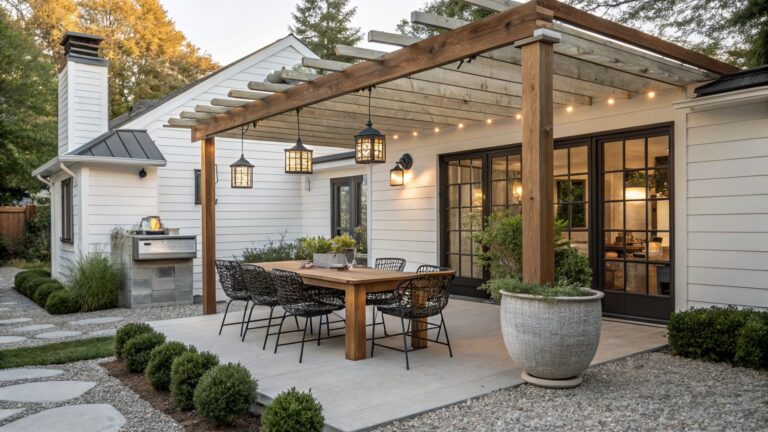 A wooden pergola with string lights covers a long rectangular dining table and black rattan chairs on a gray stone patio next to a white farmhouse-style house with black-framed glass doors.