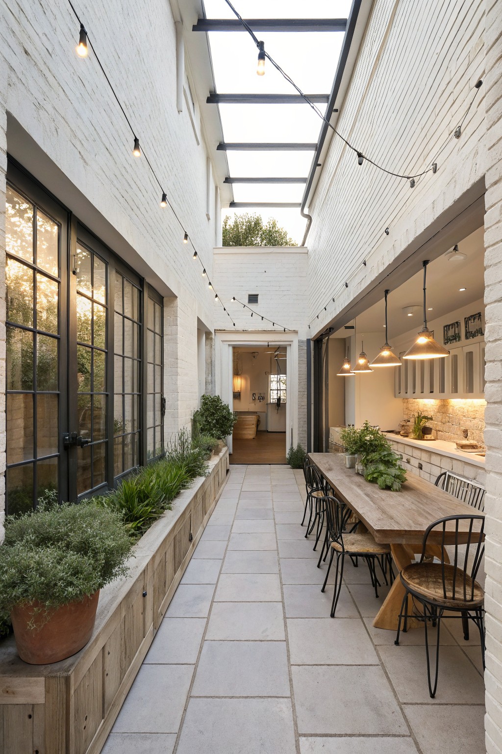 Modern outdoor patio with long wooden dining table and skylight.