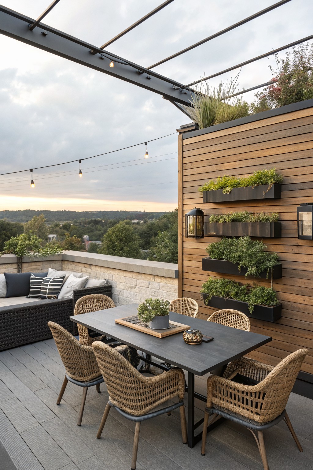 Rooftop patio with dining table, wicker chairs, and vertical garden planters.