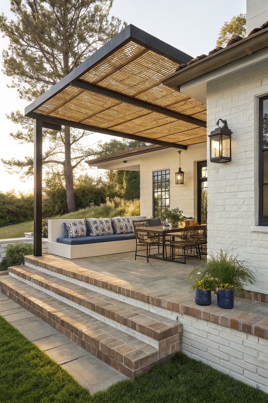 Modern patio with wooden pergola, built-in sofa, dining set, and brick steps.