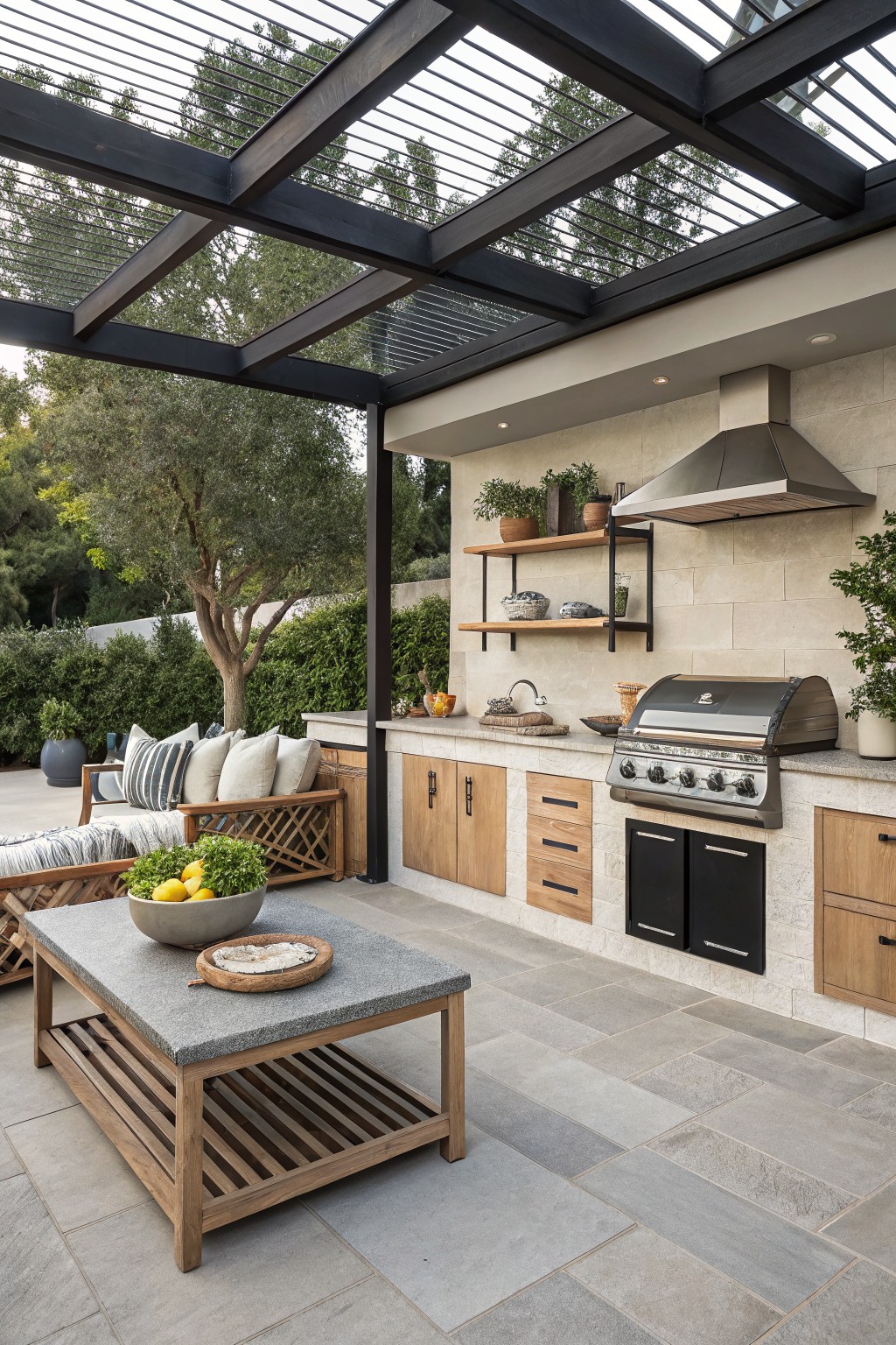 Modern outdoor kitchen with grill, wooden cabinets, and stone patio.