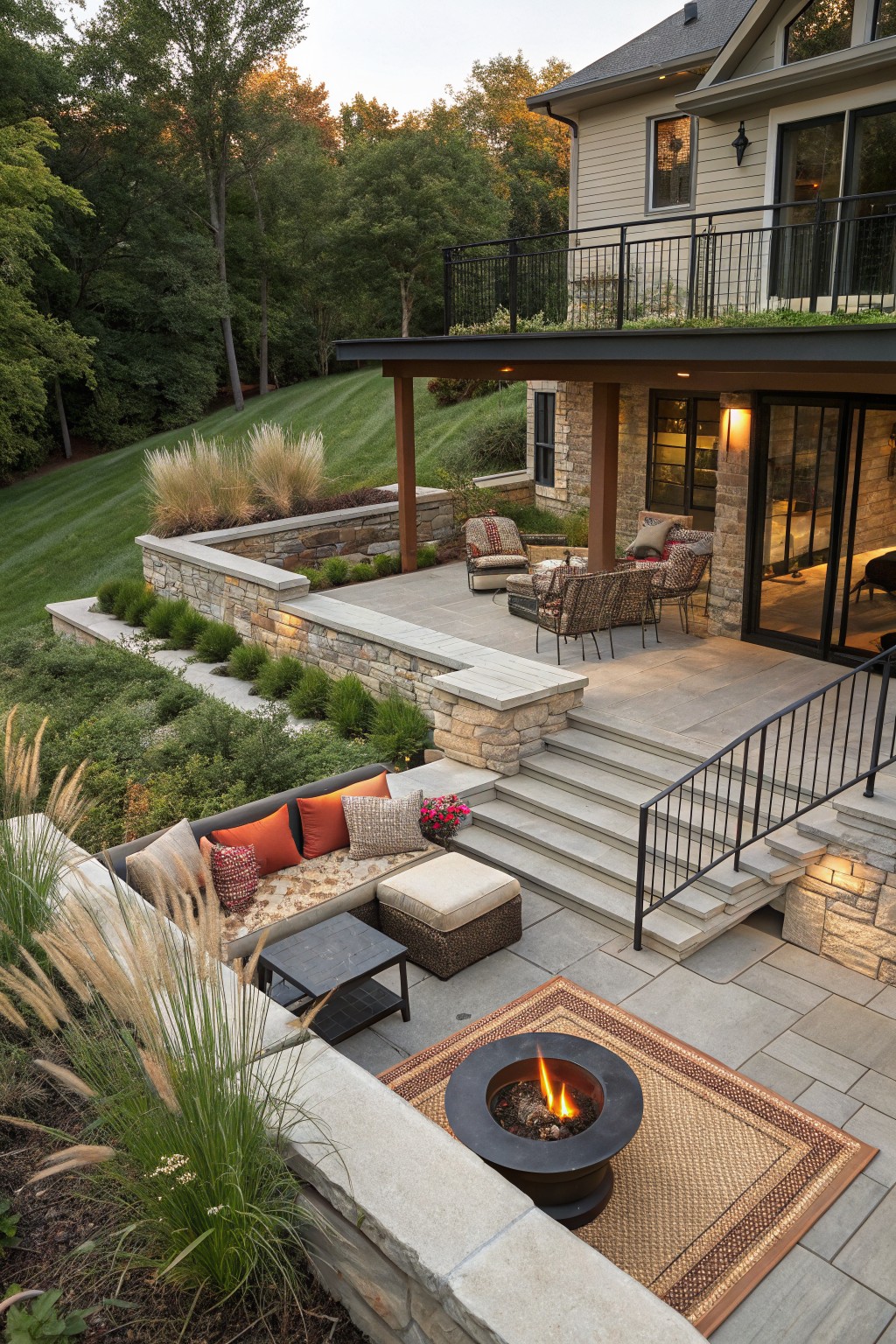 Luxurious backyard patio with stone walls, fire pit, and cozy seating.