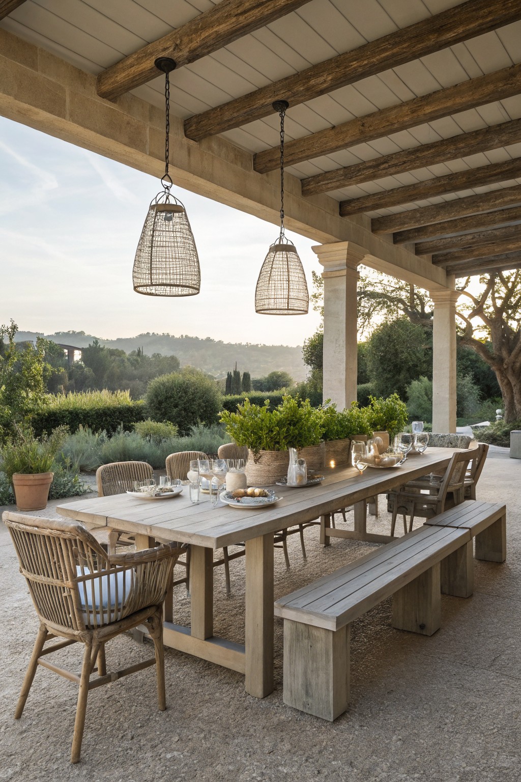 Long rectangular wooden dining table on a gravel patio under a beamed covered structure with hanging woven pendant lights, set with white plates, glassware, and potted plants, flanked by rattan armchairs and wooden benches, with greenery and hillside views in the background.