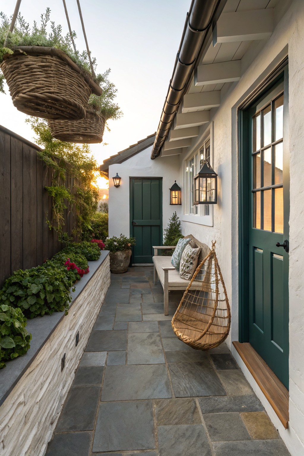 Narrow stone-paved outdoor pathway next to a white stucco wall with green doors and windows, featuring a cushioned wooden bench, hanging wicker chair, potted plants, climbing vines on a fence, and wall-mounted lanterns.