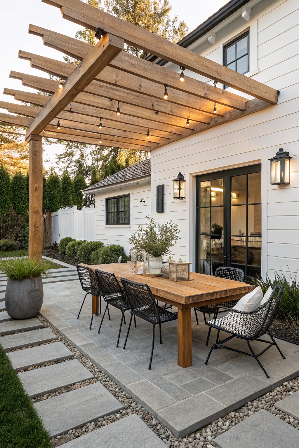 A wooden pergola with string lights covers a long rectangular dining table and black rattan chairs on a gray stone patio next to a white farmhouse-style house with black-framed glass doors.