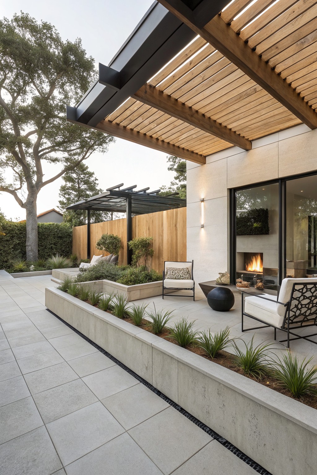 Modern patio featuring two lounge chairs and a low table next to raised concrete planters filled with grasses, adjacent to a beige stone house wall with large black-framed glass doors revealing an indoor linear fireplace, under a wood slat pergola with black metal supports.