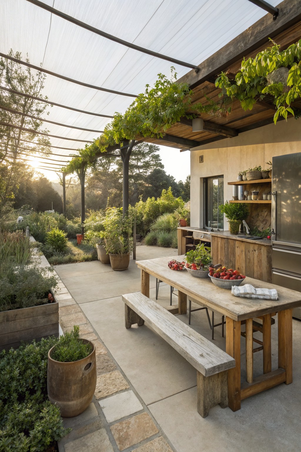 Outdoor patio under a translucent-covered metal pergola draped with green climbing vines, with a rustic wooden dining table and benches holding bowls of strawberries, adjacent to a wooden outdoor kitchen counter with stainless steel fridge and potted plants around a garden bed.