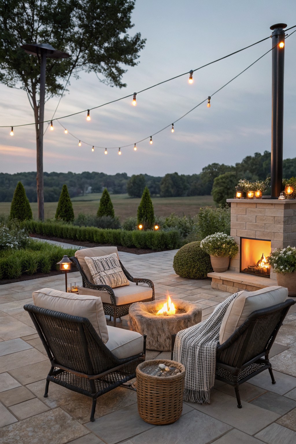 Patio with four wicker chairs arranged around a cylindrical log-style fire pit, adjacent stone fireplace with fire burning, string lights overhead, potted plants, boxwood hedges, and distant fields at dusk.