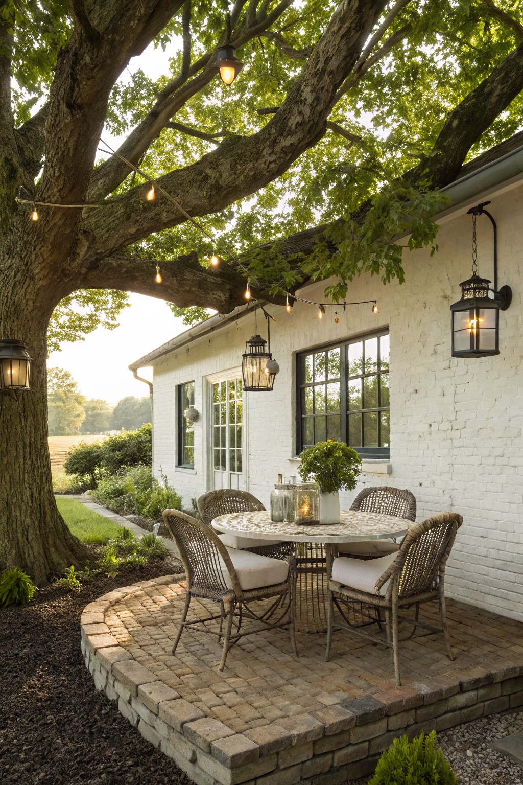 Curved brick paver patio with round glass-top table, four wicker chairs, potted plants, and string lights in large tree branches next to white brick house wall with black-framed windows and hanging lanterns.