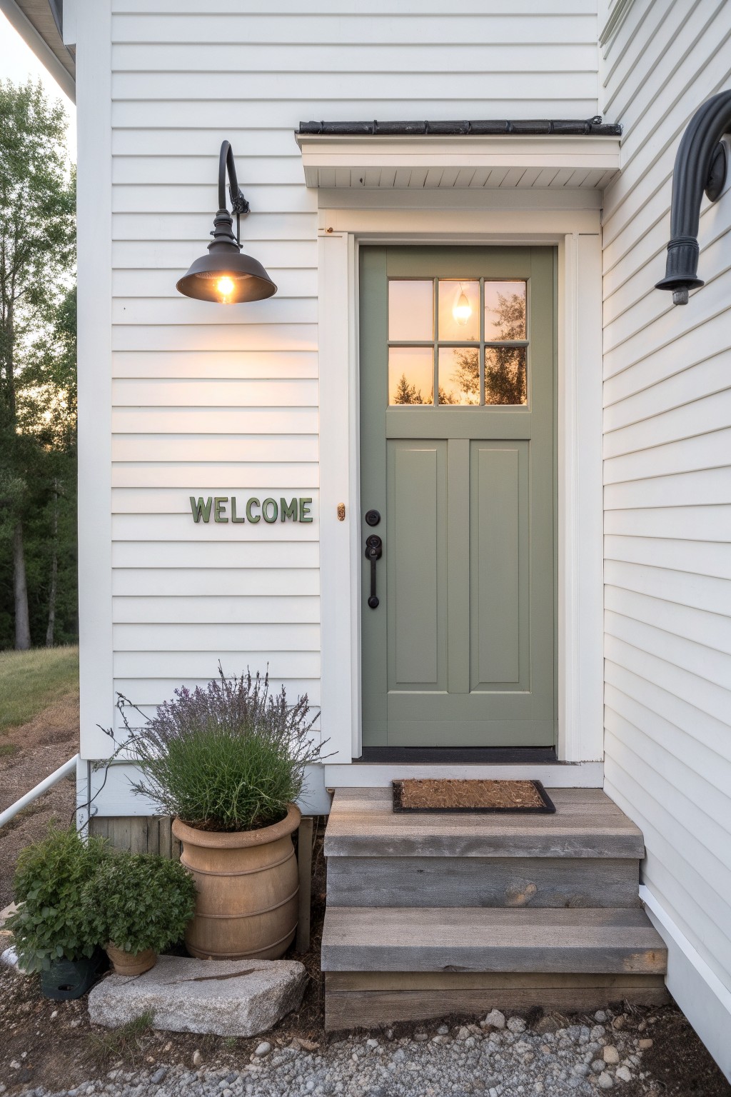 White shiplap-sided house exterior featuring a sage green paneled front door with nine glass panes, illuminated black gooseneck wall lantern, wooden welcome sign, potted lavender and greenery, doormat on weathered wood steps, and gravel ground at dusk.