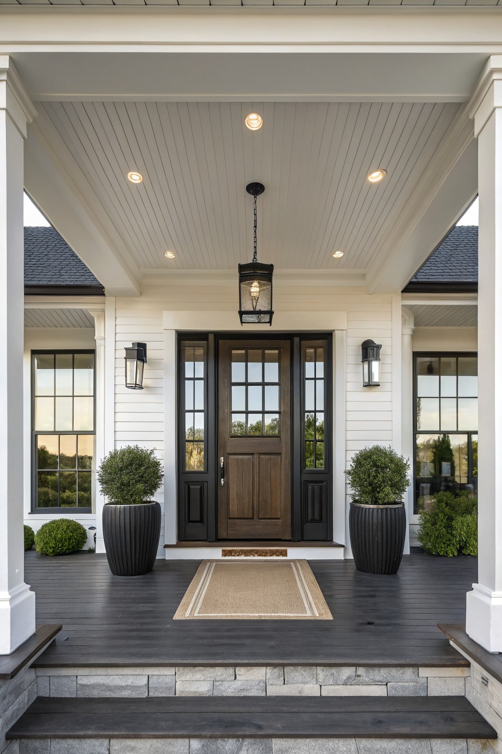 White clapboard house exterior featuring a dark wood double front door flanked by black metal lantern wall sconces, a central hanging black lantern, recessed ceiling lights, large black planters with topiary shrubs on a dark wood porch, and stone steps.