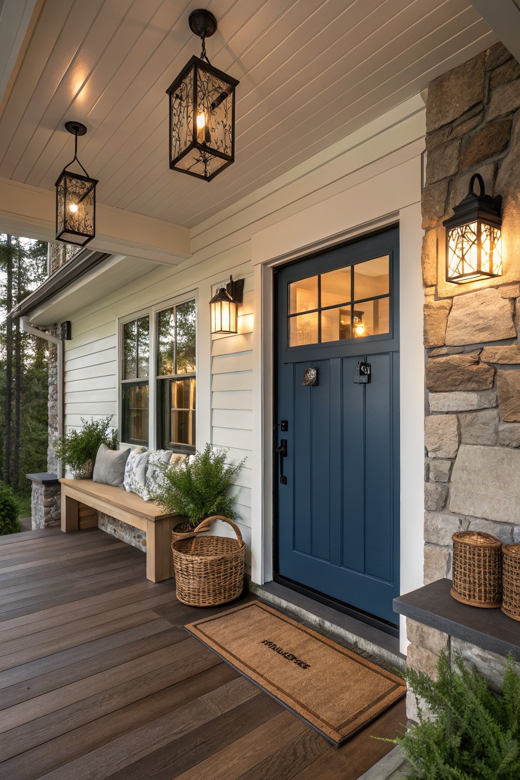 Front porch of a white-sided house with stone accents, navy blue paneled door and sidelights, wooden bench with pillows and plants, multiple black metal vine-pattern lanterns hanging from ceiling and mounted on walls, woven baskets, and brown woven welcome mat on wooden deck.