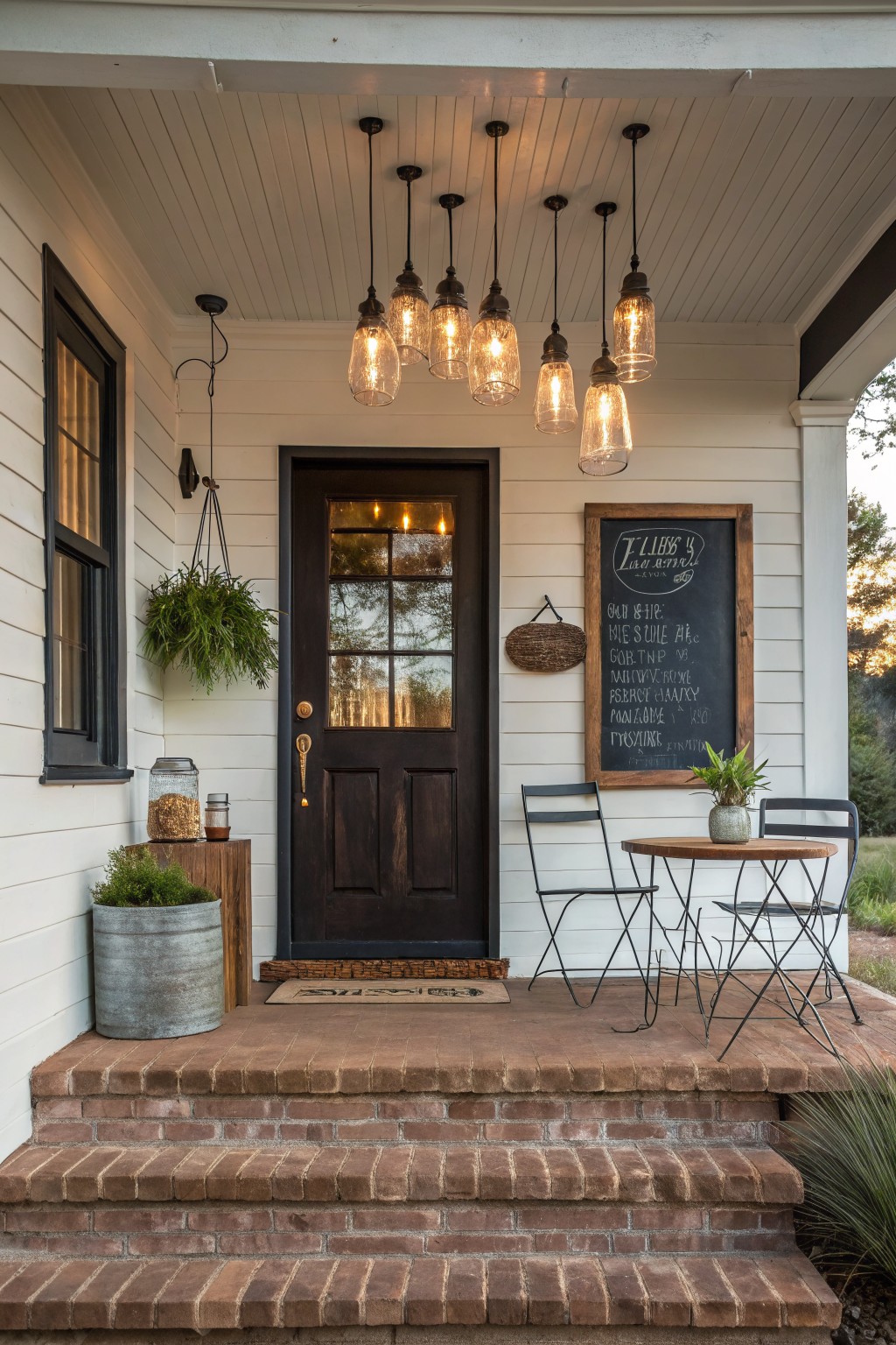 White shiplap-sided porch with black paneled front door, multiple illuminated clear glass pendant lights hanging from ceiling, small bistro table and two metal chairs, potted plants, galvanized bucket planter, and framed chalkboard sign on wall.