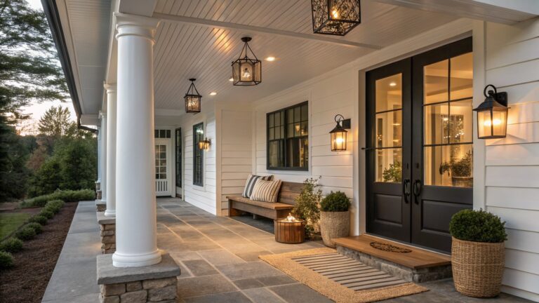 A covered front porch with white columns and shiplap ceiling, featuring multiple hanging black caged lantern pendant lights, gray wood decking, a wooden bench with striped cushions, potted plants, woven rugs, and black double doors with glass panels and wall sconces.