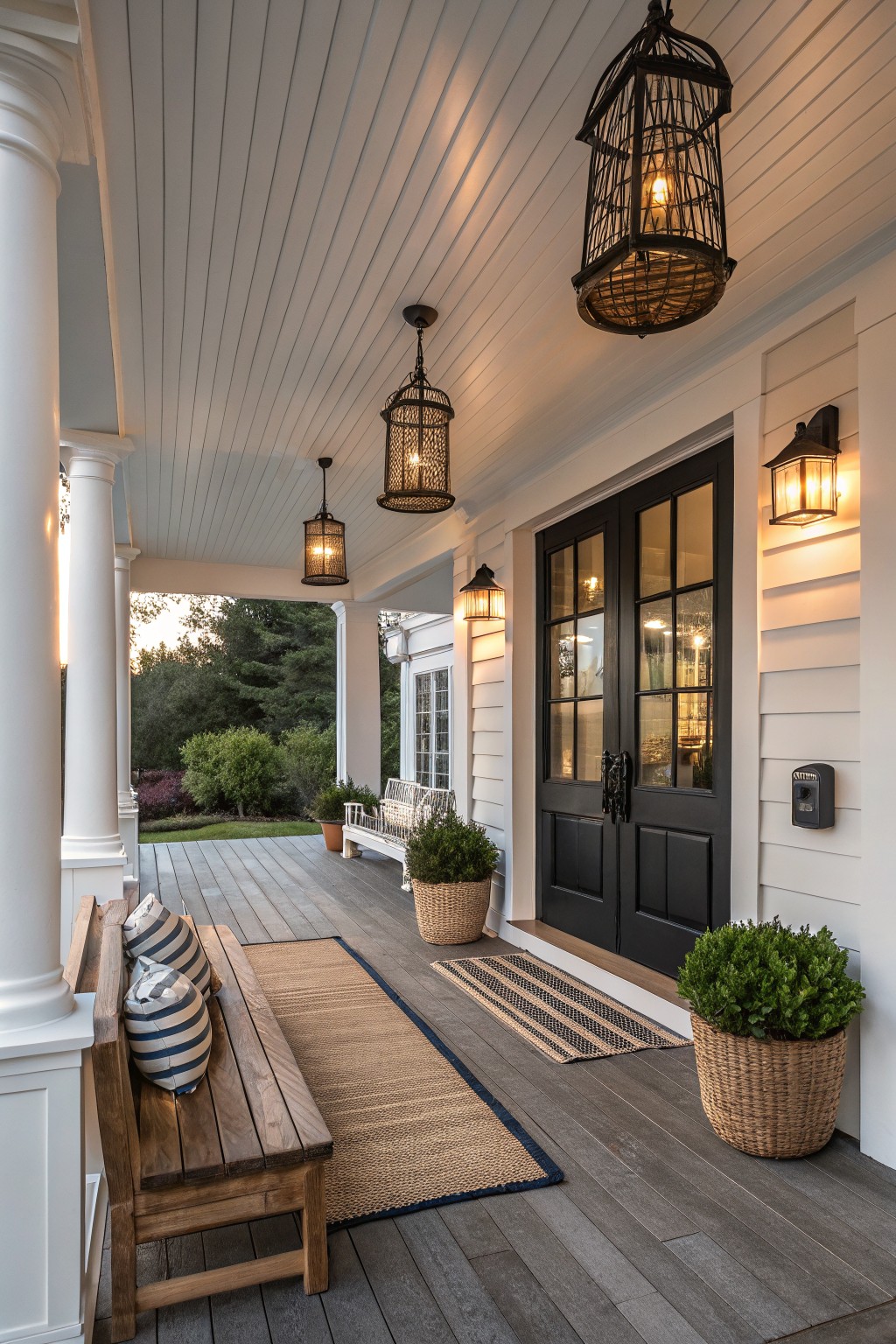 A covered front porch with white columns and shiplap ceiling, featuring multiple hanging black caged lantern pendant lights, gray wood decking, a wooden bench with striped cushions, potted plants, woven rugs, and black double doors with glass panels and wall sconces.