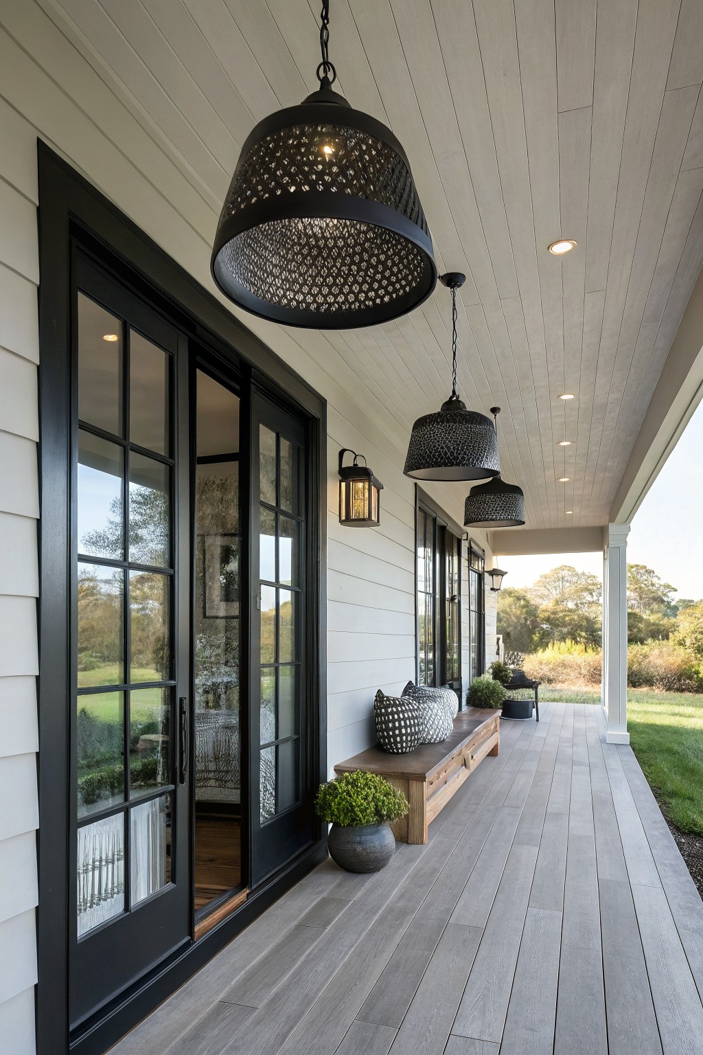White farmhouse house with black-framed sliding glass doors opening to a gray wood porch deck, black pierced pendant lanterns hanging from the white plank ceiling, wall sconces, wooden bench with pillows and potted plants, and lawn in background.