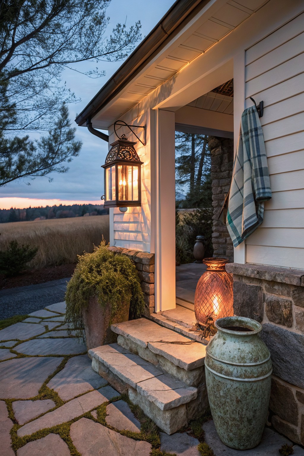 White clapboard house with open porch entry, lit hanging lantern on wall bracket, freestanding orange-glowing lantern, stone steps, potted plants, flagstone path, and trees at dusk.