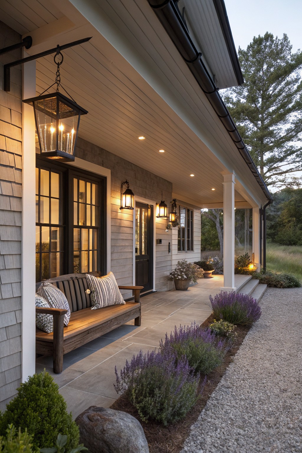 Shingle-clad modern farmhouse house exterior with covered porch, wooden bench with cushions, multiple black metal lantern lights including one hanging and others wall-mounted, potted plants, lavender border along slate patio and gravel path, at dusk with trees in background.