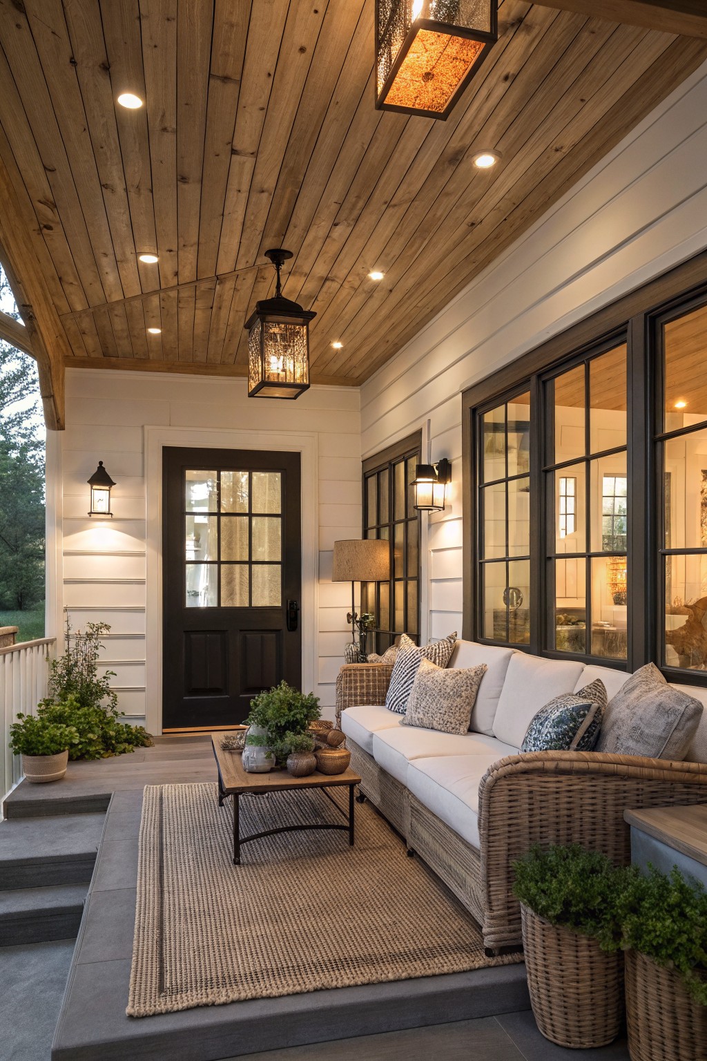 Covered porch with tongue-and-groove wood ceiling, recessed round lights, two hanging black metal lanterns, white board-and-batten siding, black paneled door with glass, beige L-shaped sofa with patterned pillows, wood coffee table, potted plants, jute rug, and gray stone steps.