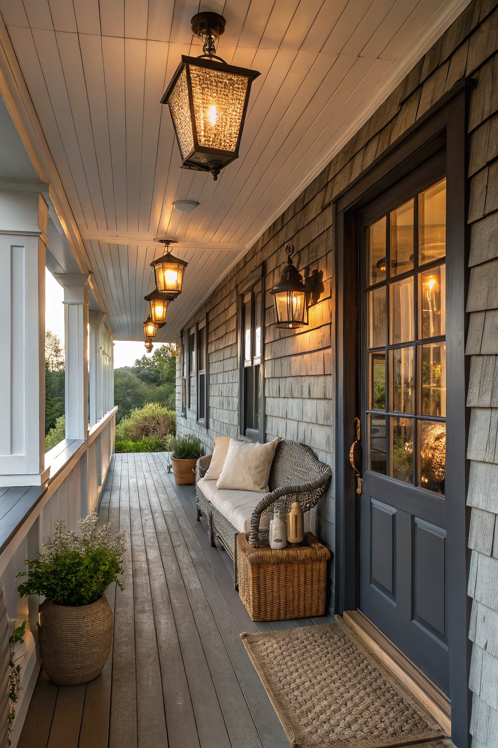 A long covered farmhouse porch with gray shingle siding, white beadboard ceiling, hanging and wall-mounted lantern lights glowing warmly, wicker furniture with cushions, potted plants, and a dark wood front door with glass panels.