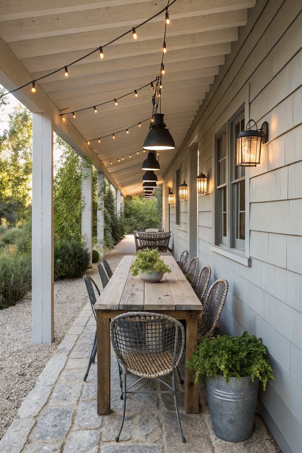 A long covered porch beside a light gray clapboard house wall holds a wooden dining table with woven chairs, hanging black cone pendant lights from the white ceiling, strung bulb lights overhead, metal lantern wall sconces beside windows, potted plants, gravel ground, and stone pavers amid green landscaping.