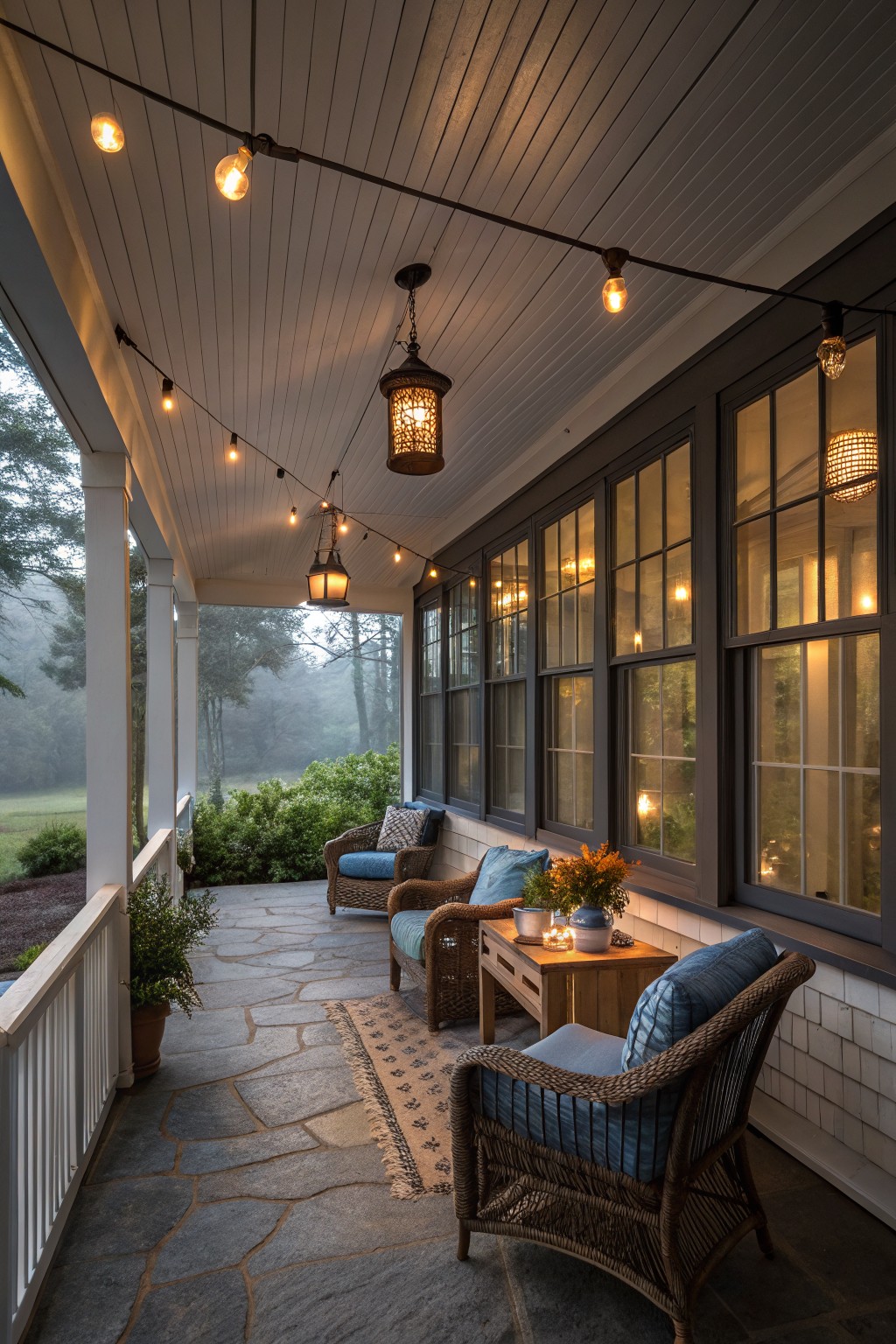 Covered porch with blue wicker chairs and pillows around a low wooden table holding candles, plants, and vases, lit by globe string lights across the white plank ceiling and hanging metal lanterns, adjacent to large dark-framed windows and stone paver flooring.
