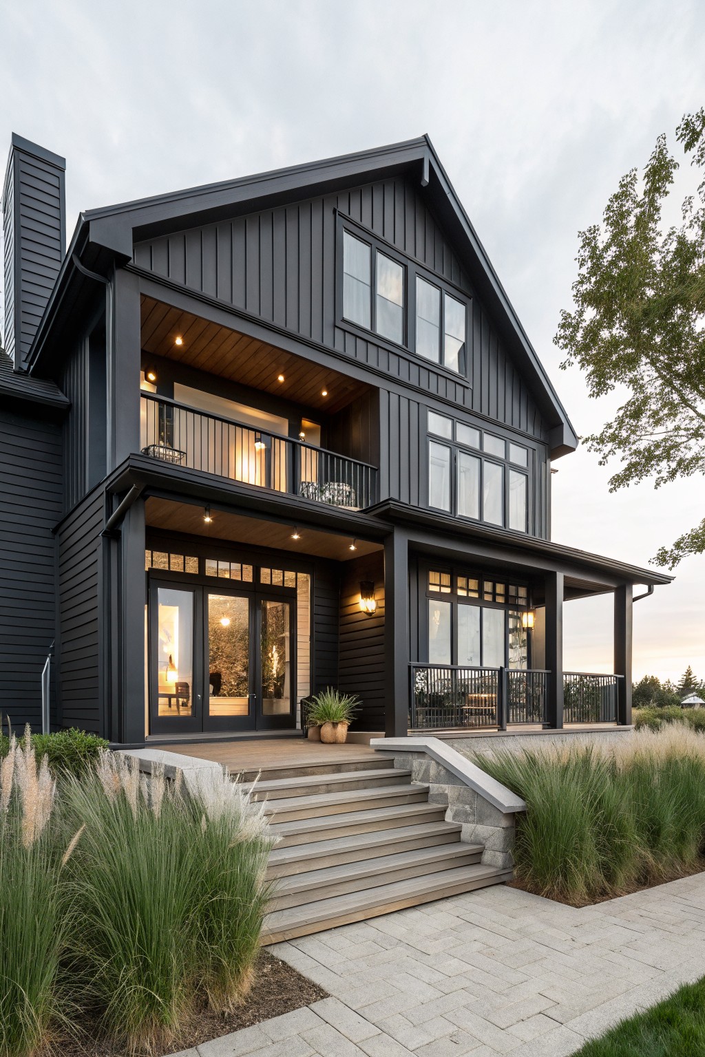 Two-story house with black board-and-batten siding, wood porch and balcony, large windows, entry lights, steps leading to front door, and ornamental grasses along the base.